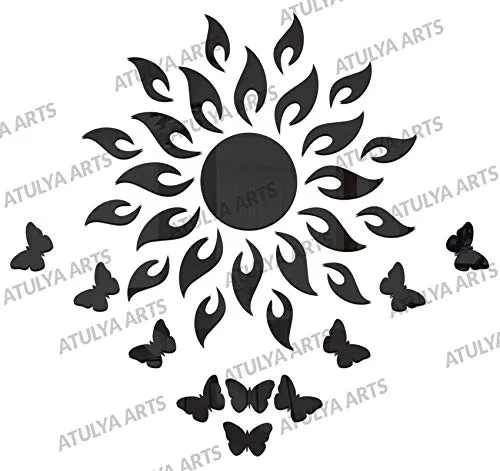 Atulya Arts Mirror Sun Decorative Wall Stickers with 10 Butterfly Stickers 3D Acrylic Stickers Decorative Mirror Wall Stickers for Living Room Bedroom Home (Black, 45 cm x 45 cm)