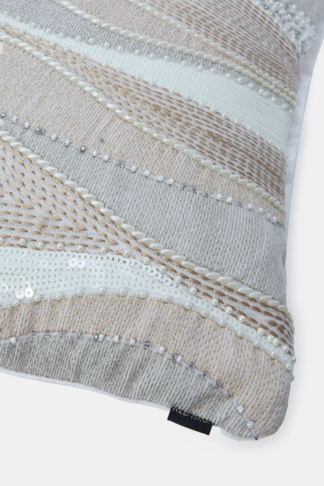 Beige And Grey Abstract Embroidery Cushion