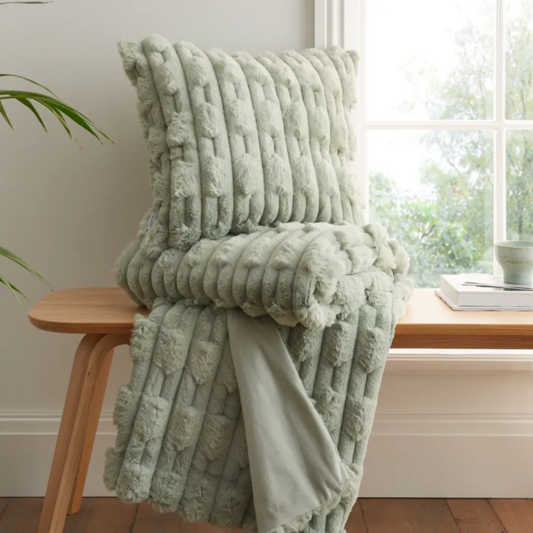 Bianca Carved Faux Fur Cushion Sage 50x50 | Cover Only