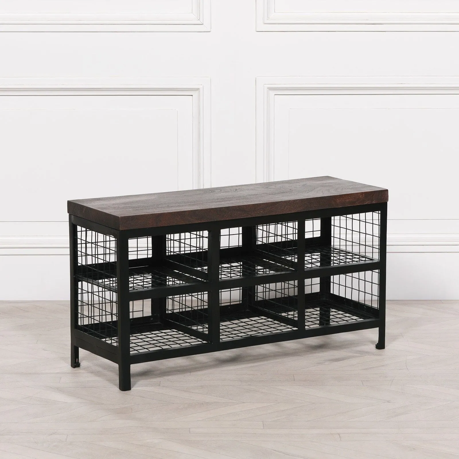 Black Metal Storage Bench With Wooden Top