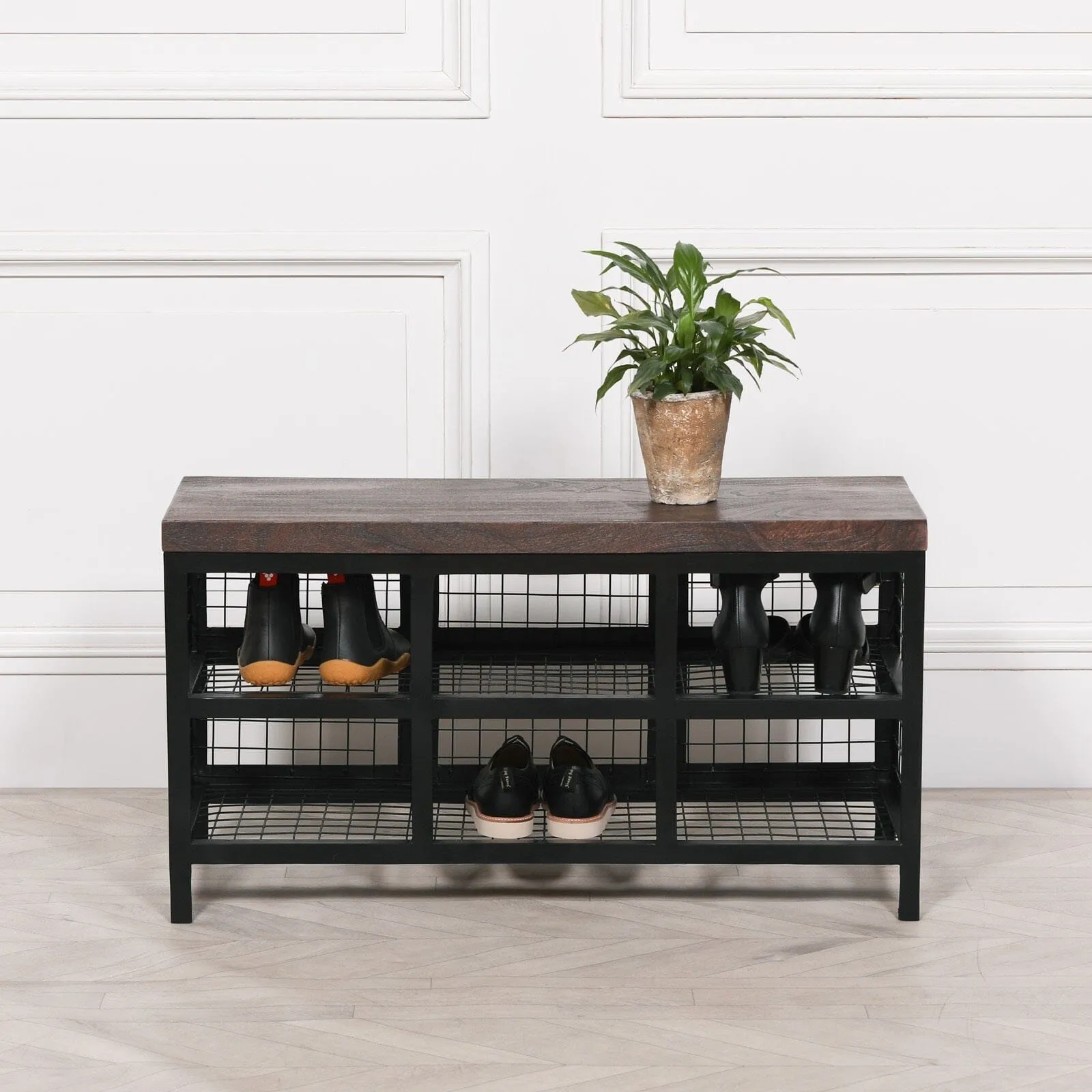 Black Metal Storage Bench With Wooden Top