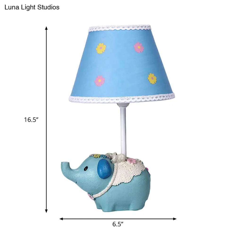 Blue Cone Desk Light with Flower Pattern - Kids Fabric Table Lamp, Elephant Base