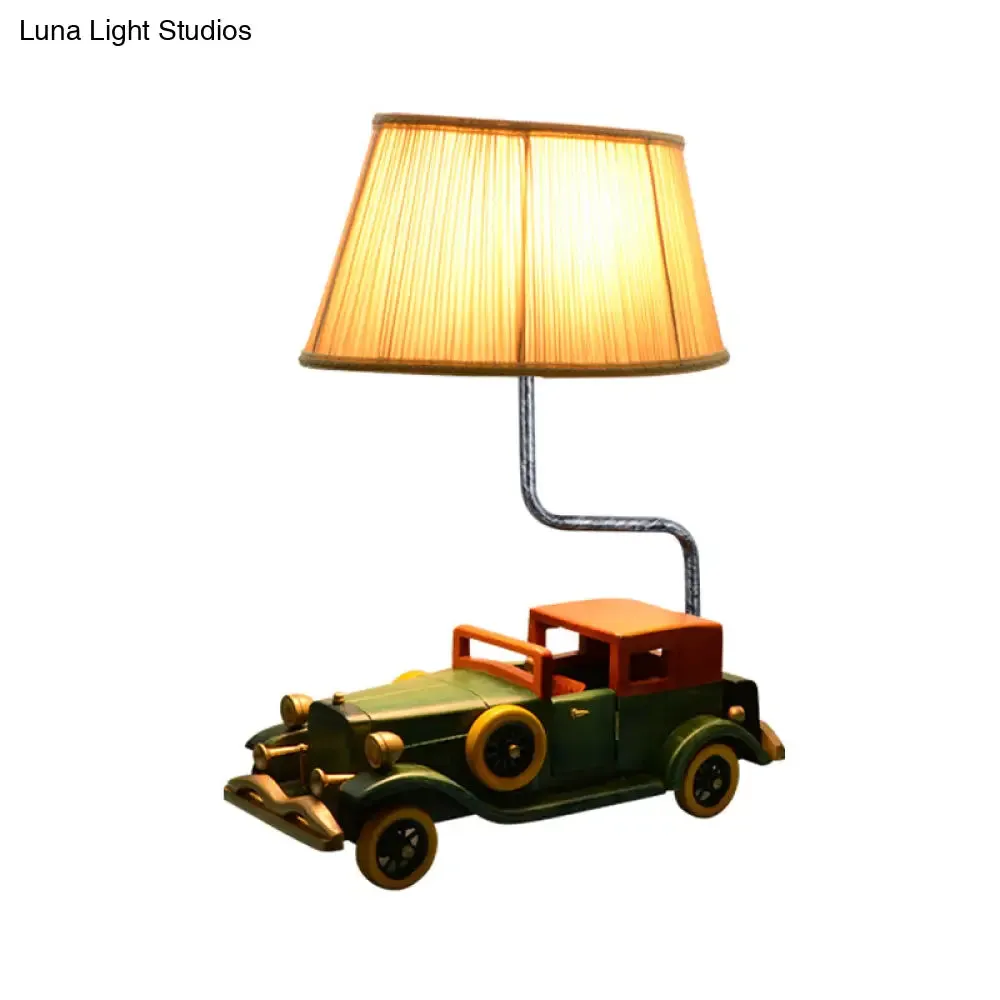Blue Fabric Drum Nightstand Lamp with Car Pedestal for Boys Bedroom - Kids Table Light, 1-Bulb Design