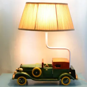 Blue Fabric Drum Nightstand Lamp with Car Pedestal for Boys Bedroom - Kids Table Light, 1-Bulb Design
