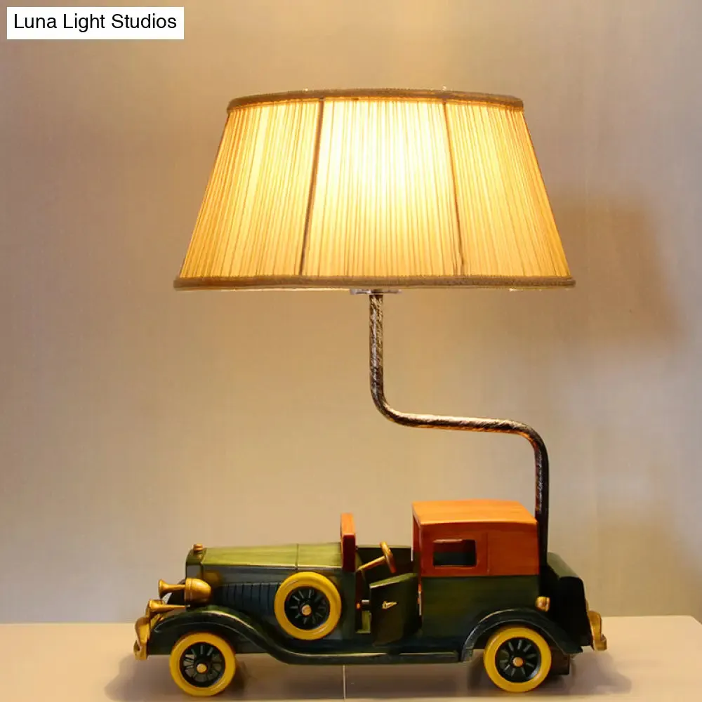 Blue Fabric Drum Nightstand Lamp with Car Pedestal for Boys Bedroom - Kids Table Light, 1-Bulb Design