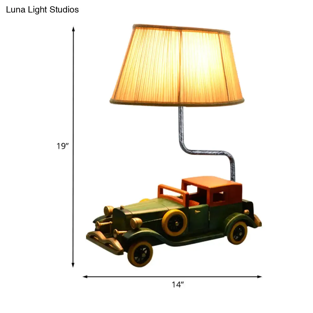 Blue Fabric Drum Nightstand Lamp with Car Pedestal for Boys Bedroom - Kids Table Light, 1-Bulb Design