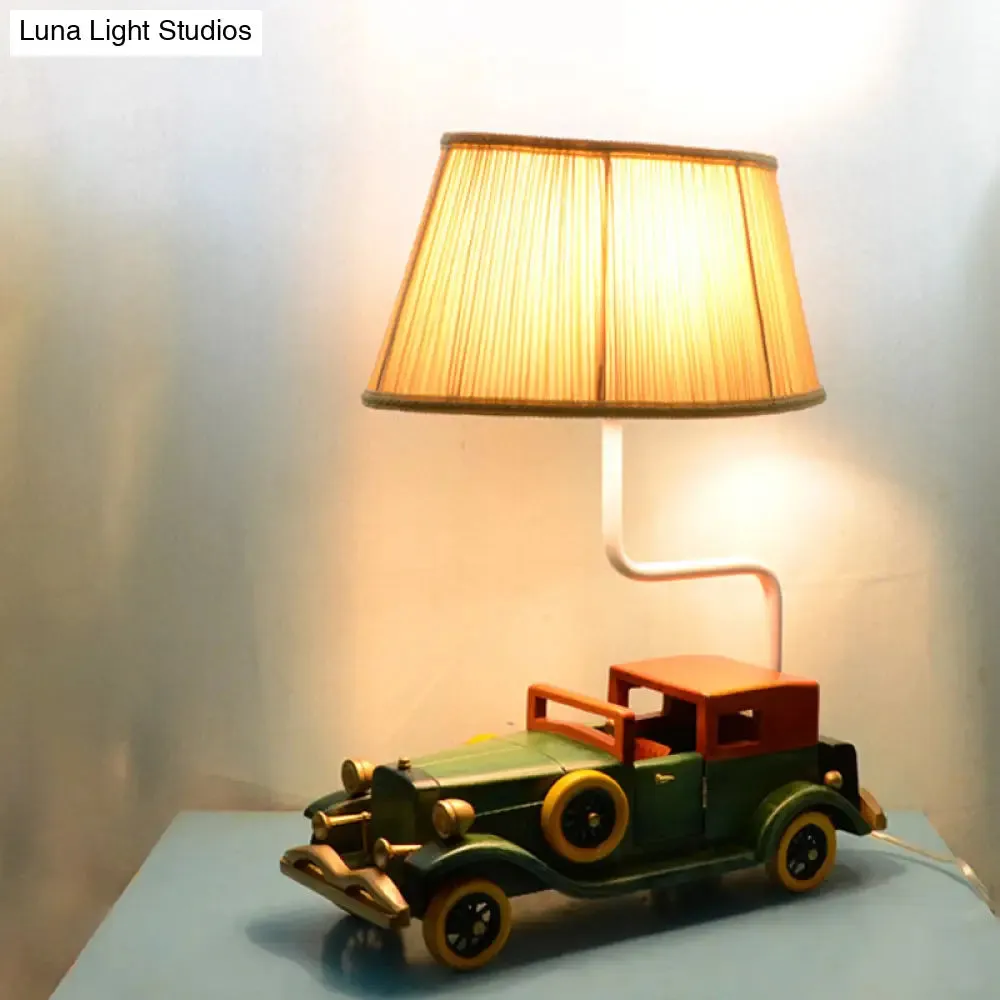 Blue Fabric Drum Nightstand Lamp with Car Pedestal for Boys Bedroom - Kids Table Light, 1-Bulb Design