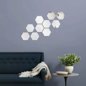 Bnezz -10 Hexagon Mirror Wall Stickers for Wall Size (10.5x12.1) Cm Acrylic Mirror for Wall Stickers for Bedroom | Bathroom | Kitchen | Living Room Decoration Items (Pack of -L-10HexaSilver) Silver