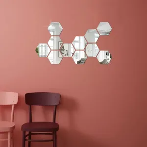 Bnezz -11 Hexagon Mirror Wall Stickers for Wall Size (10.5x12.1) Cm Acrylic Mirror for Wall Stickers for Bedroom | Bathroom | Kitchen | Living Room Decoration Items (Pack of -11HexaSilver) Silver