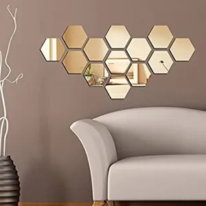 Bnezz -13 Hexagon Mirror Wall Stickers for Wall Size (10.5x12.1) Cm Acrylic Mirror for Wall Stickers for Bedroom | Bathroom | Kitchen | Living Room Decoration Items (Pack of -C-13HexaGold) Gold