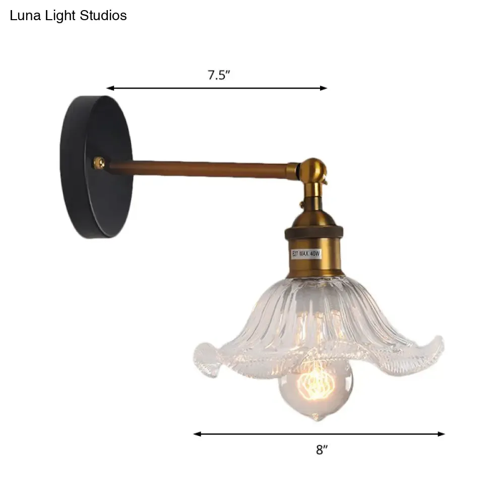 Brass Cone Wall Sconce with Clear Ribbed Glass - Industrial Living Room Lighting Fixture for Dining Room