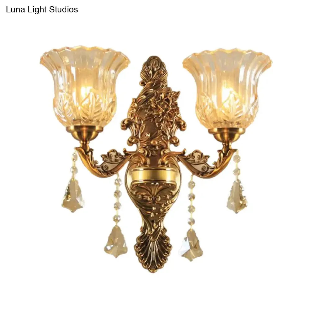 Brass Wall Lamp with Flower Shade Ribbed Glass - Traditional 2-Head Wall Lighting for Living Room