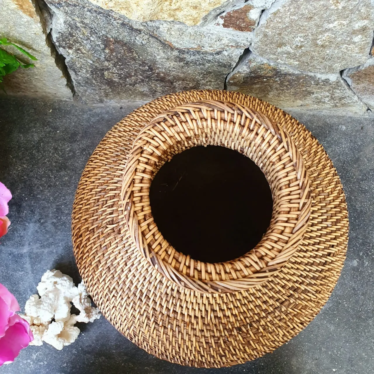 Brown and Whitewashed Wooden & Rattan Round Vases