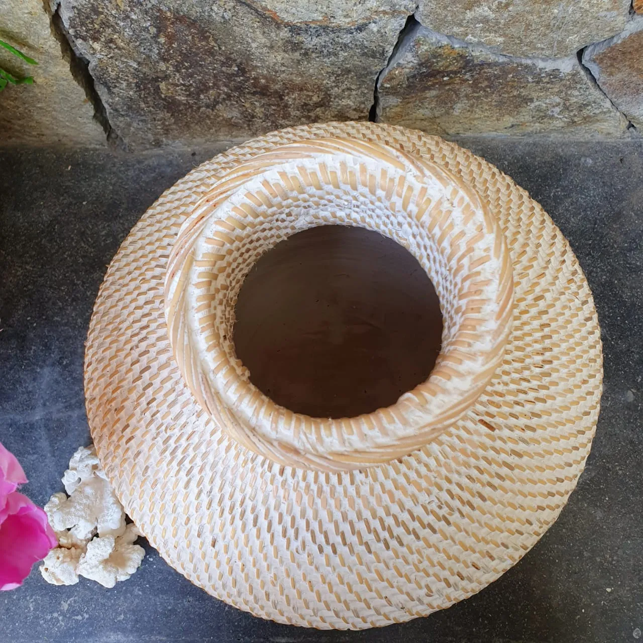 Brown and Whitewashed Wooden & Rattan Round Vases
