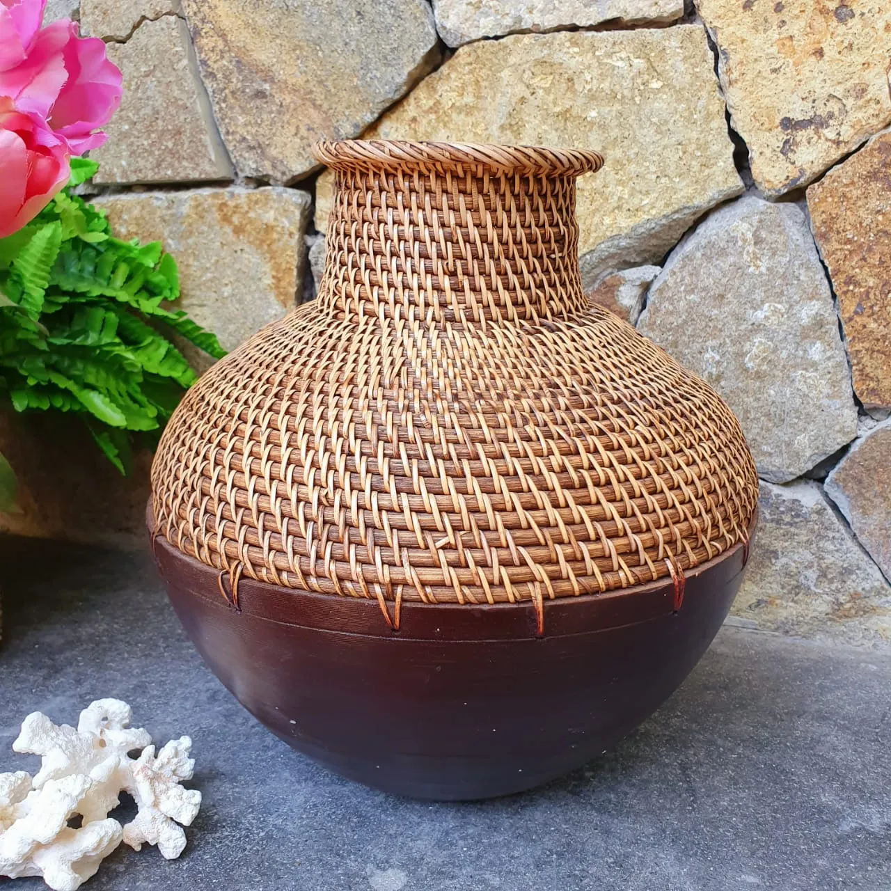Brown and Whitewashed Wooden & Rattan Round Vases