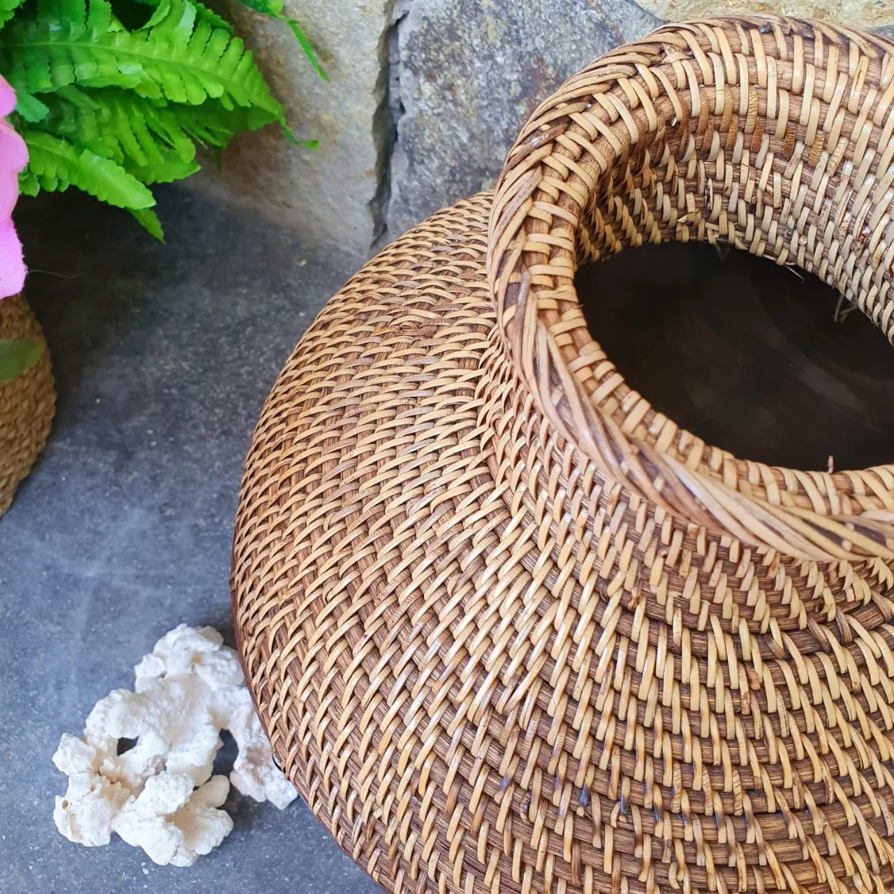 Brown and Whitewashed Wooden & Rattan Round Vases