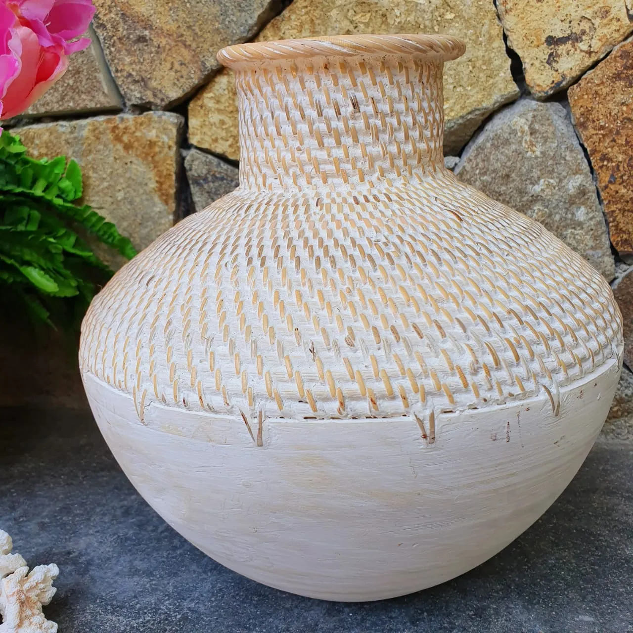 Brown and Whitewashed Wooden & Rattan Round Vases