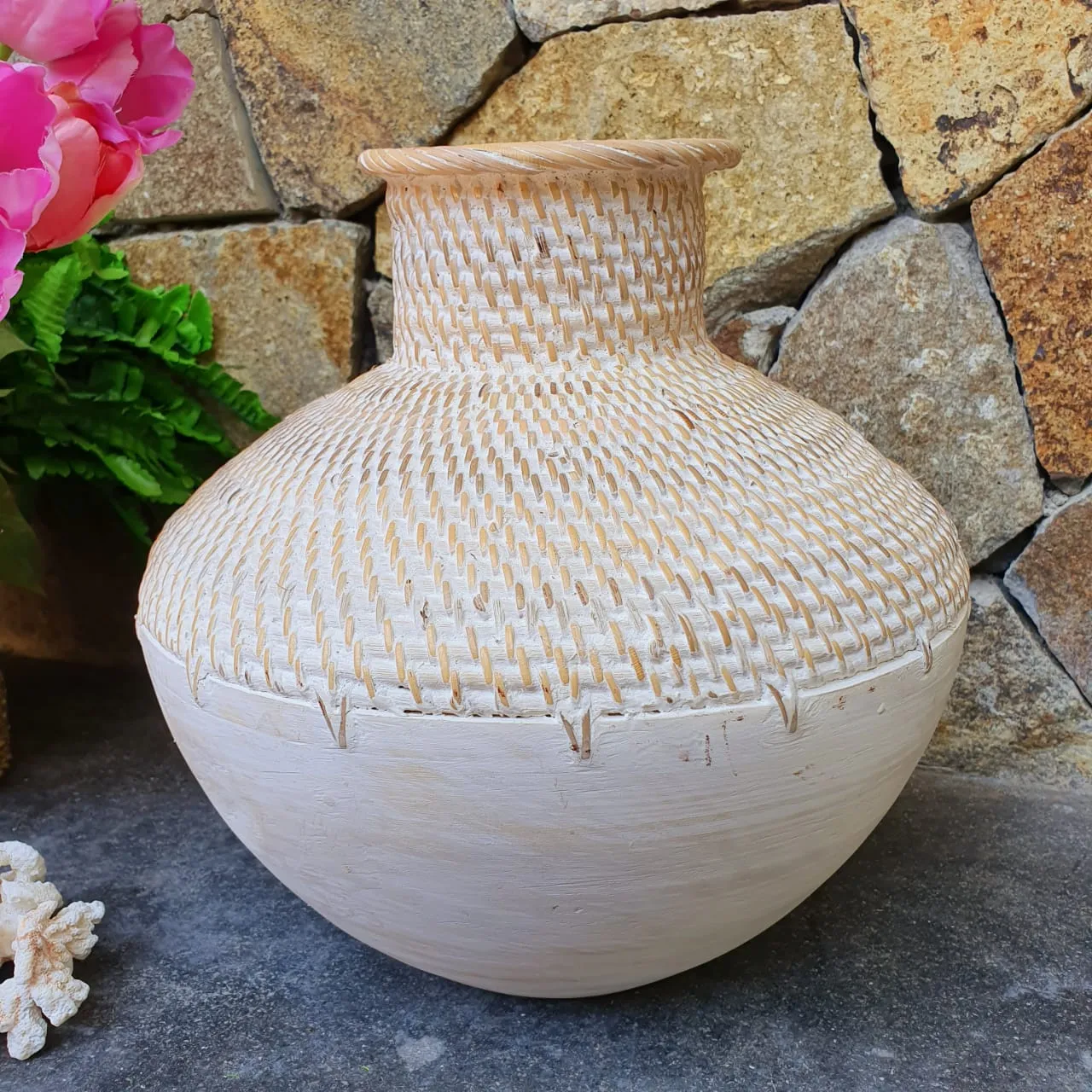 Brown and Whitewashed Wooden & Rattan Round Vases