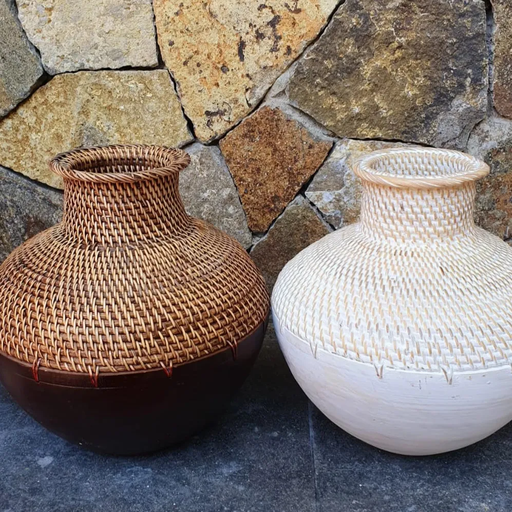 Brown and Whitewashed Wooden & Rattan Round Vases