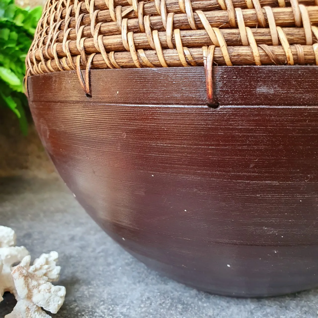 Brown and Whitewashed Wooden & Rattan Round Vases