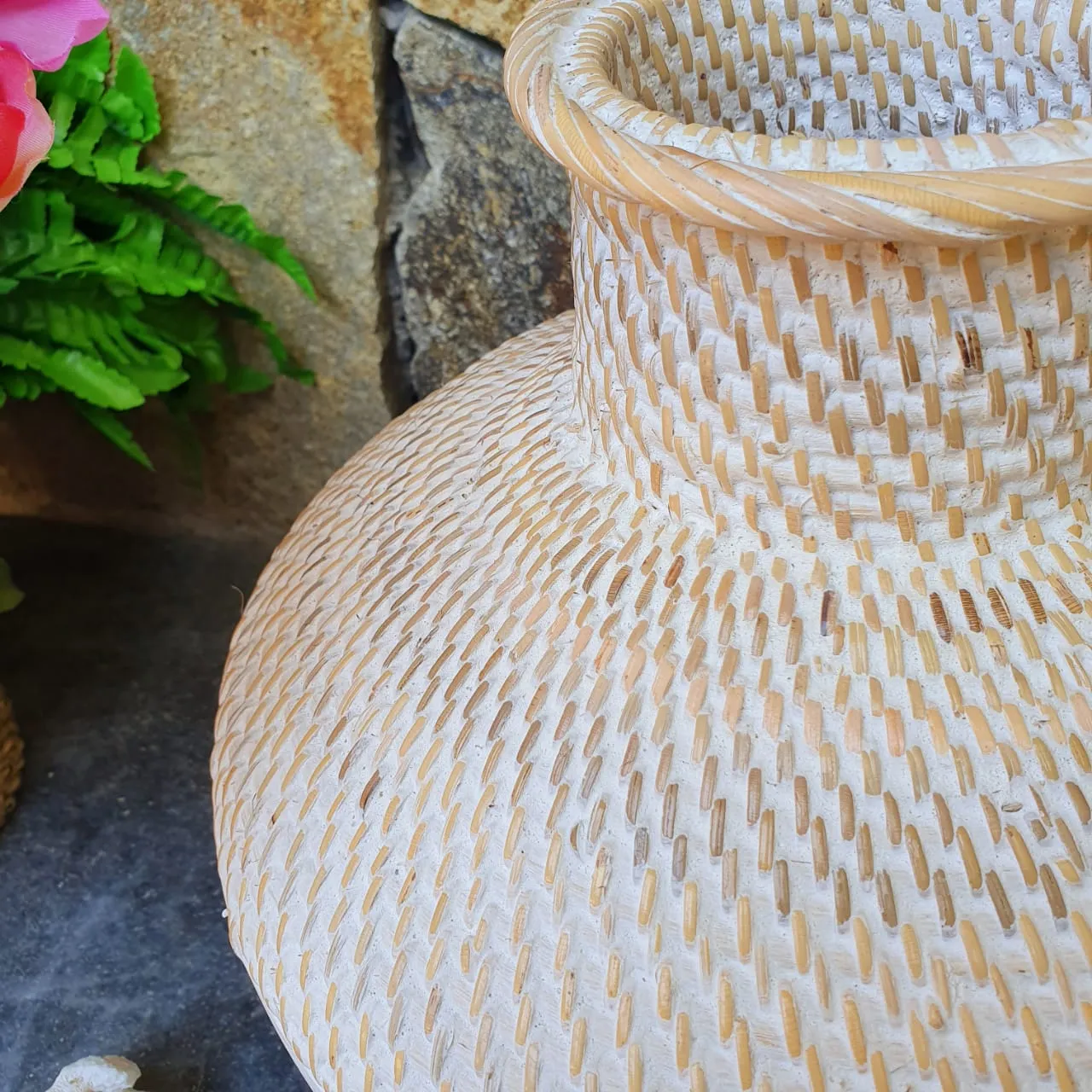 Brown and Whitewashed Wooden & Rattan Round Vases
