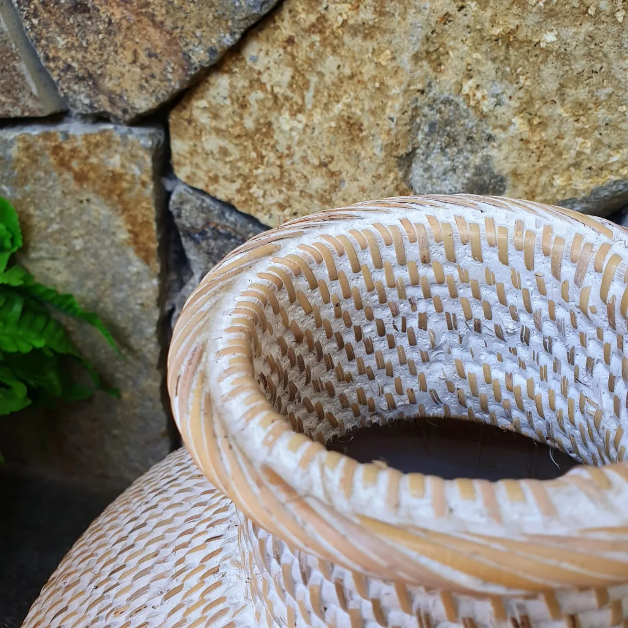 Brown and Whitewashed Wooden & Rattan Round Vases