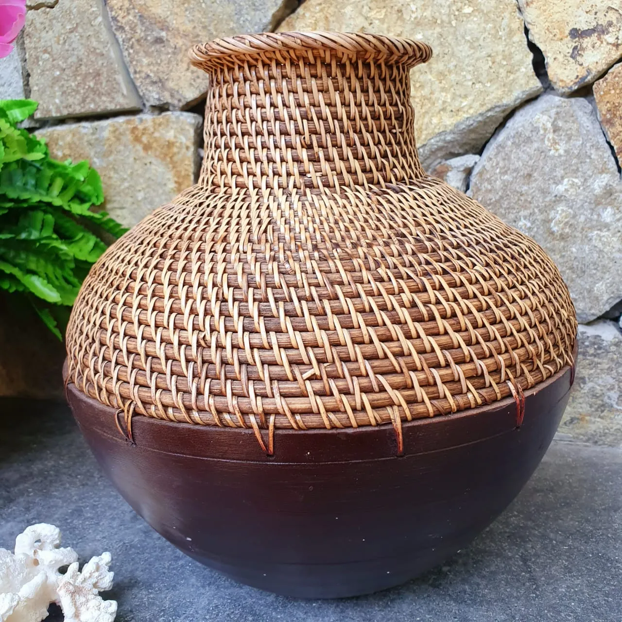 Brown and Whitewashed Wooden & Rattan Round Vases