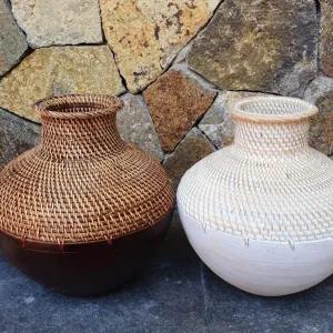 Brown and Whitewashed Wooden & Rattan Round Vases