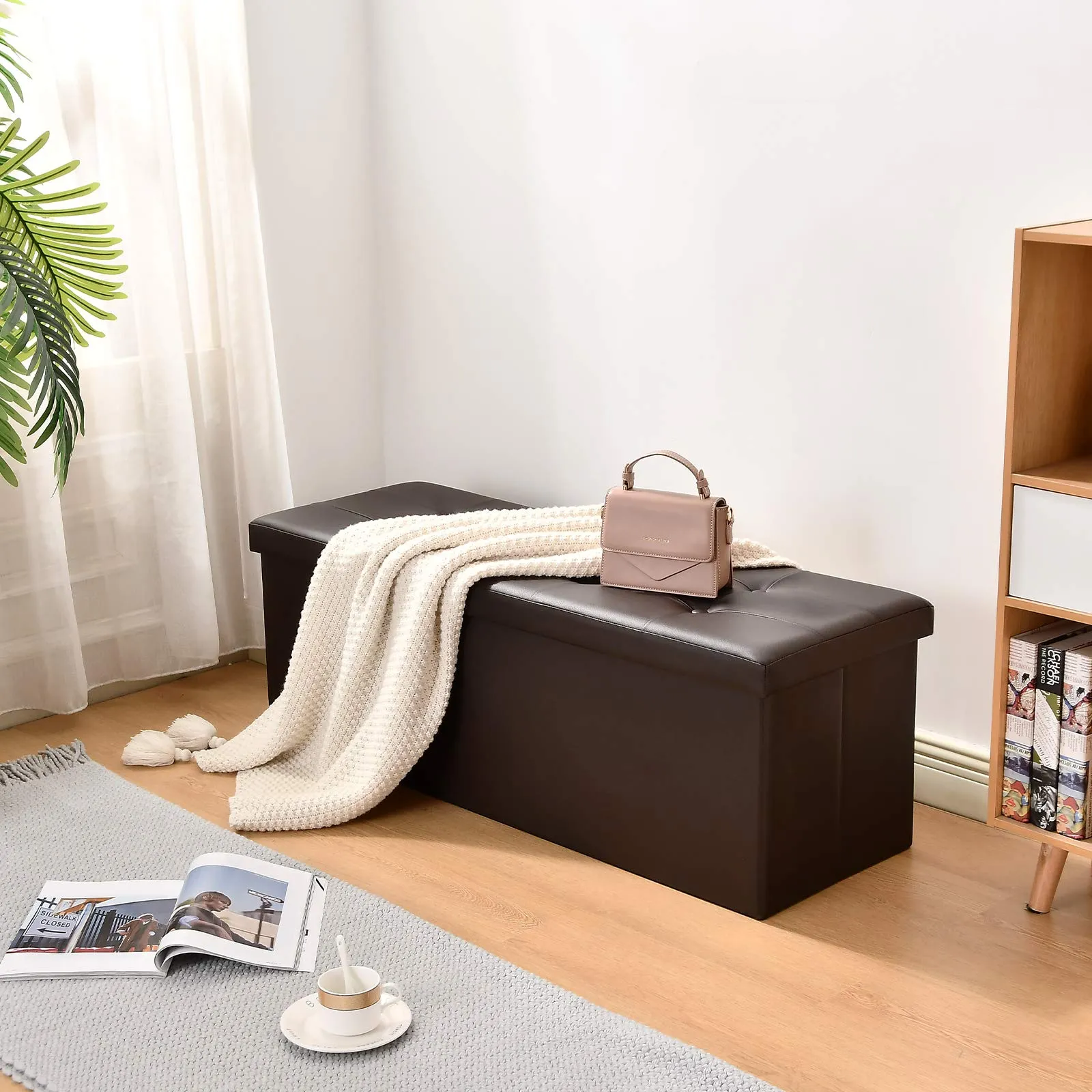 Camabel Folding Bed Storage Bench Cube 43 inch Hold up 700lbs Faux Leather Long Ottoman with Storage Foam Seat Footrest Padded Upholstered Stool for Bedroom Coffee Table Rectangular Brown BG406