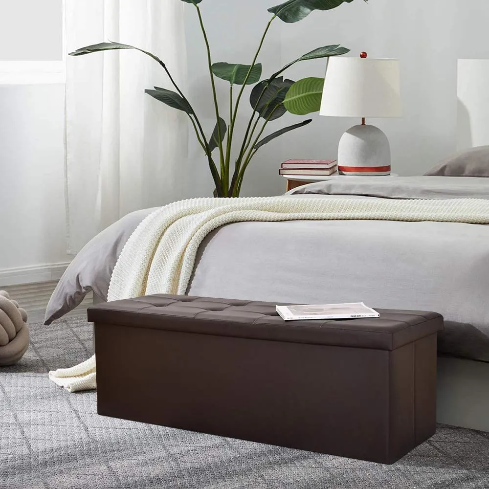 Camabel Folding Bed Storage Bench Cube 43 inch Hold up 700lbs Faux Leather Long Ottoman with Storage Foam Seat Footrest Padded Upholstered Stool for Bedroom Coffee Table Rectangular Brown BG406