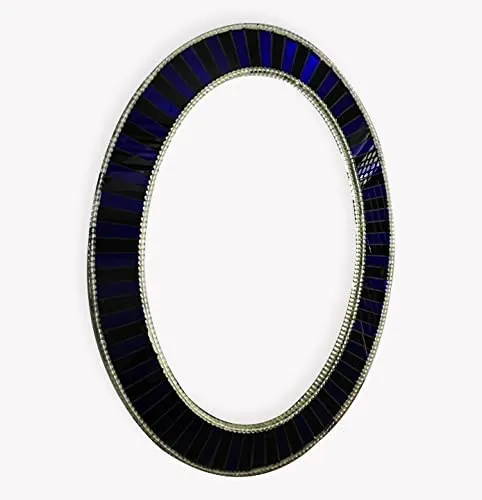 Cheval Glass Beveled Designer Oval Wall Mirror for Home Decor with MSDF and Hooks - (18 X 24 Inches, Blue)