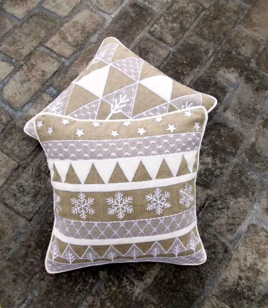 Christmas linen pillow cover, lace and linen and velvet, white christmas, applique & embroidered pillow size 16"X 16"