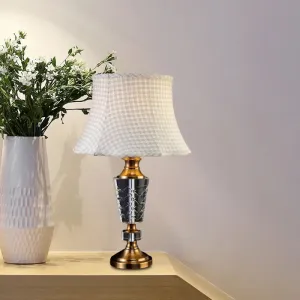 Classic Beige Single Bulb Table Lamp with Fabric Bell Shade and Carved Crystal Base