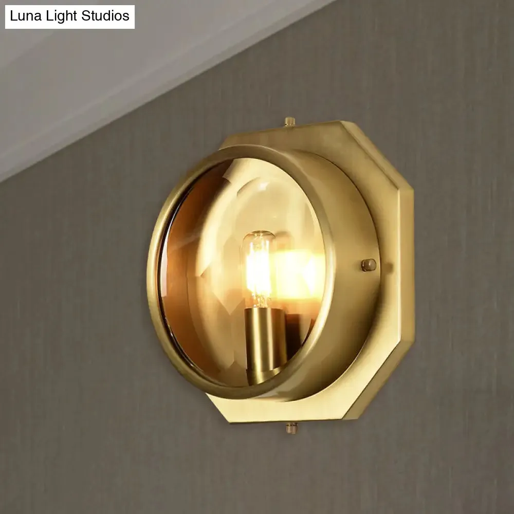 Colonial Octagon Wall Mounted Gold Sconce with Crystal Accent - 1 Head Metal Light Fixture for Bedroom