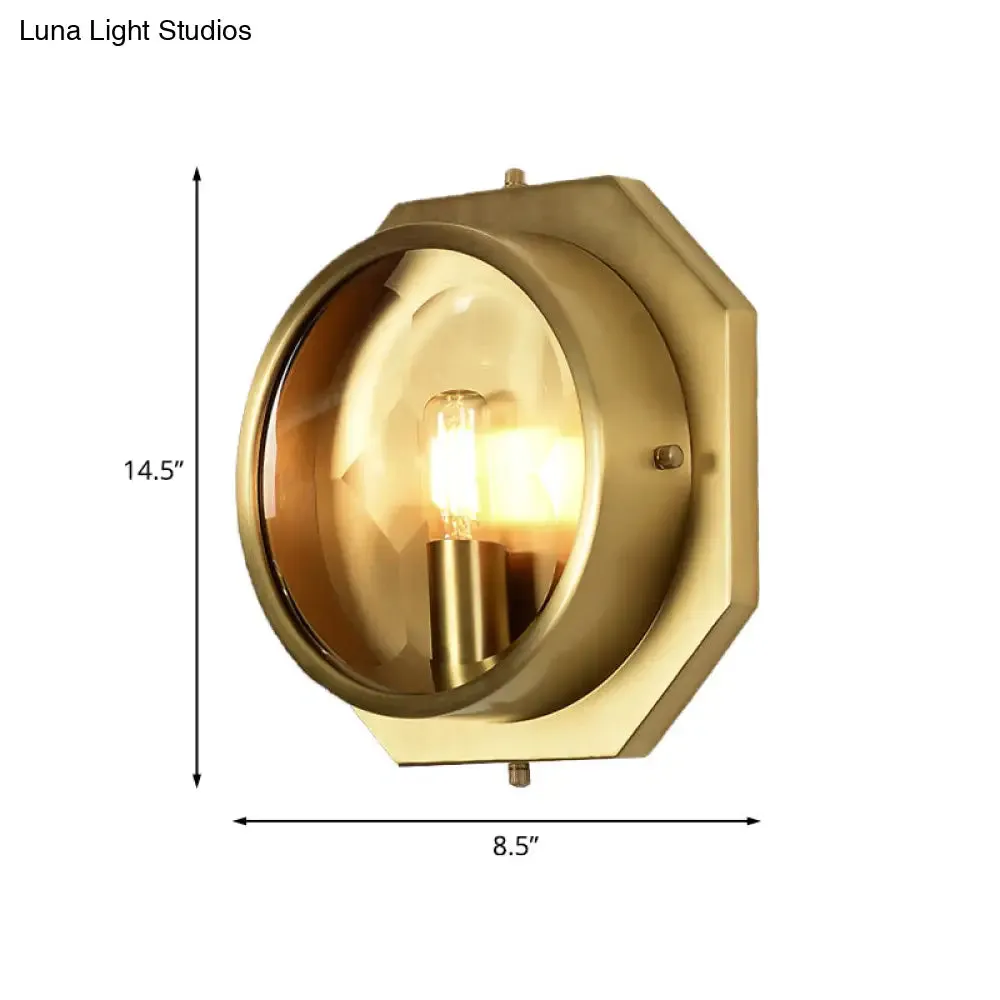 Colonial Octagon Wall Mounted Gold Sconce with Crystal Accent - 1 Head Metal Light Fixture for Bedroom
