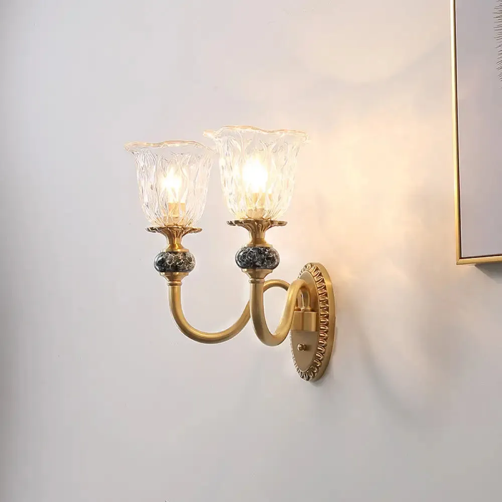Contemporary Flower Wall Sconce - Clear Glass Lamp in Brass Finish