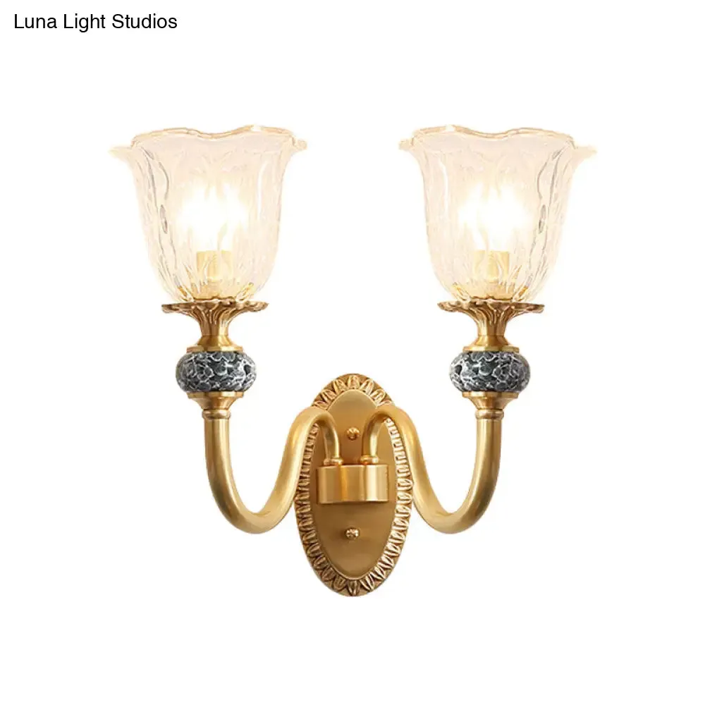 Contemporary Flower Wall Sconce - Clear Glass Lamp in Brass Finish