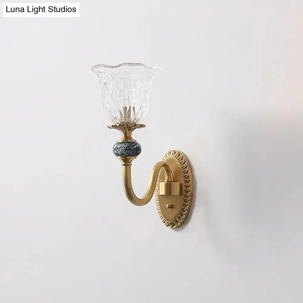 Contemporary Flower Wall Sconce - Clear Glass Lamp in Brass Finish