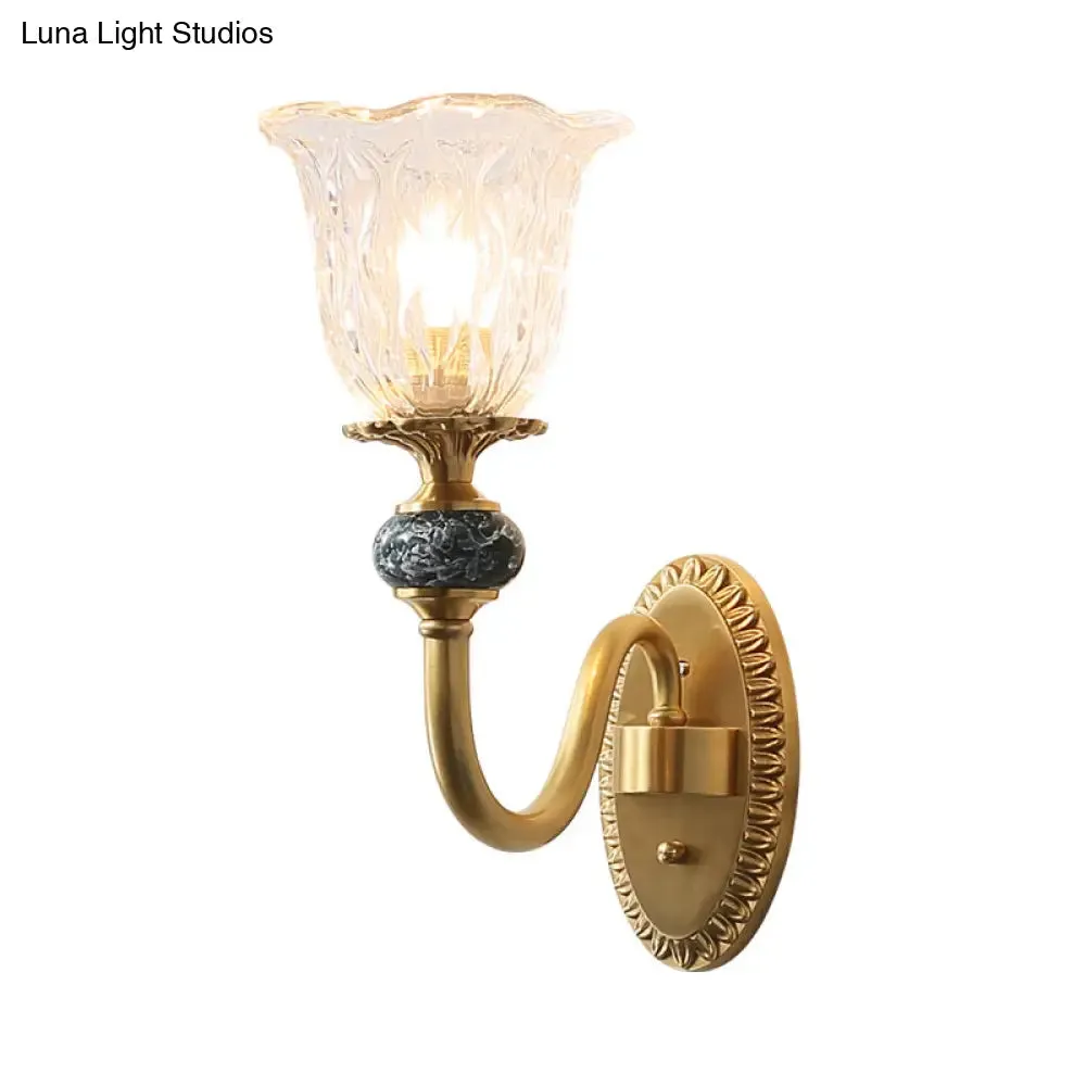 Contemporary Flower Wall Sconce - Clear Glass Lamp in Brass Finish