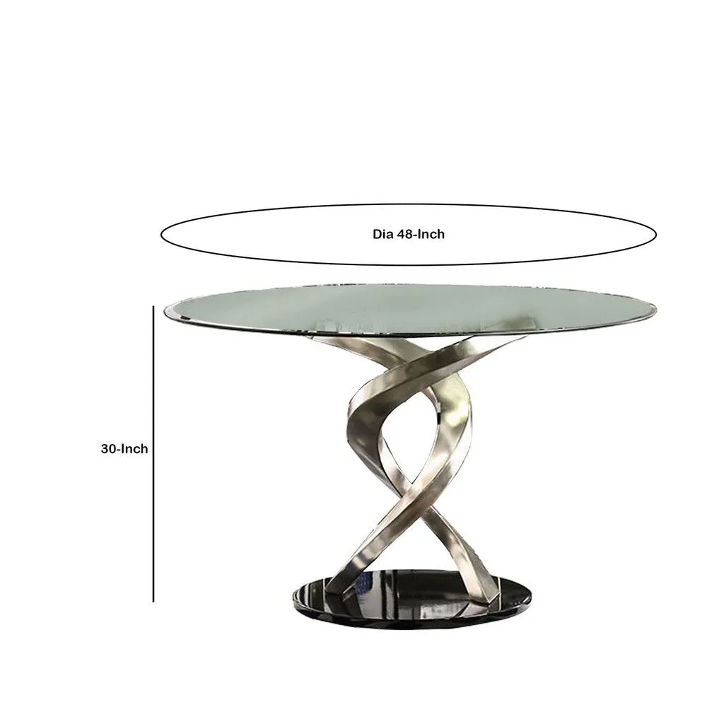 Contemporary Round Dining Table with Swirl Metal Base, Black and Silver By Casagear Home