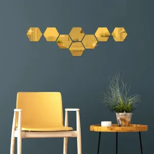 DeCorner -8 Hexagon Mirror Wall Stickers for Wall Size (10.5x12.1) Cm Acrylic Mirror for Wall Stickers for Bedroom | Bathroom | Kitchen | Living Room Decoration Items (Pack of -8Hexa) Gold