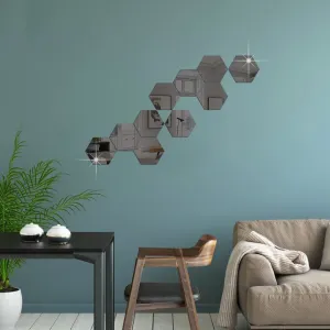 DecorWear 10 Hexagon Mirror Wall Stickers Black Mirror Stickers for Wall StickersSize (10.5x12.1) Cm Acrylic Mirror Wall Decor Sticker, Wall Mirror Stickers, Unframed Hexagonal Wall Stickers