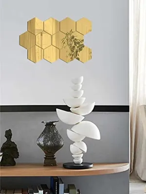 DecorWear 12 Hexagon Mirror Gold Plastic Wall Stickers for Wall Size (10.5x12.1) Cm Acrylic Mirror Wall Decor Sticker, Wall Mirror Stickers, Unframed Hexagonal Mirror Wall Sticker (12HexaGold)