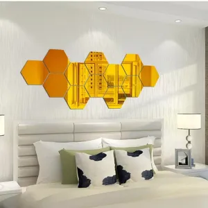 DecorWear 12 Hexagon Mirror Gold Plastic Wall Stickers for Wall Size (10.5x12.1) Cm Acrylic Mirror Wall Decor Sticker, Wall Mirror Stickers, Unframed Hexagonal Mirror Wall Sticker (U-12HexaGold)