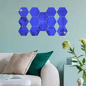 DecorWear 14 Hexagon Mirror Wall Stickers Blue Mirror Stickers for Wall Stickers for Wall Size (10.5x12.1) Cm 3D Acrylic Mirror Wall Decor Sticker, Wall Mirror Stickers, Unframed Hexagonal Stickers