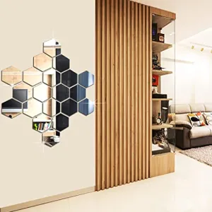 DecorWear 20 Hexagon Mirror Silver Plastic Wall Stickers for Wall Size (10.5x12.1) Cm Acrylic Mirror Wall Decor Sticker, Wall Mirror Stickers, Unframed Hexagonal Mirror Wall Sticker(20HexaSilver)