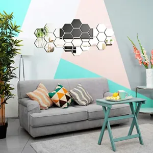 DecorWear 24 Hexagon Mirror Silver Plastic Wall Stickers for Wall Size (10.5x12.1) Cm Acrylic Mirror Wall Decor Sticker, Wall Mirror Stickers, 3D Hexagonal Mirror Wall Sticker (B-24HexaSilver)