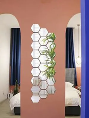 DecorWear 24 Hexagon Mirror Silver Plastic Wall Stickers for Wall Size (10.5x12.1) Cm Acrylic Mirror Wall Decor Sticker, Wall Mirror Stickers, 3D Hexagonal Mirror Wall Sticker (C-24HexaSilver)