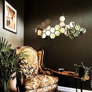 DecorWear 24 Hexagon Mirror Silver Plastic Wall Stickers for Wall Size (10.5x12.1) Cm Acrylic Mirror Wall Decor Sticker, Wall Mirror Stickers, Unframed Hexagonal Mirror Wall Sticker(24HexaSilver)