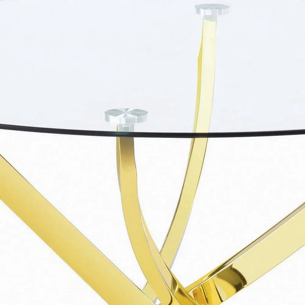 Dining Table with Glass Top and Curved Design Metal Base, Gold By Casagear Home